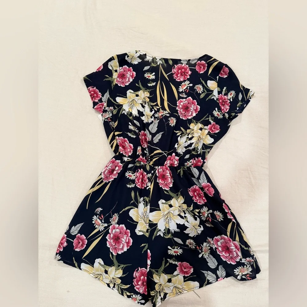 Floral V-Neck Romper - Navy and Pink - Picture 2 of 9